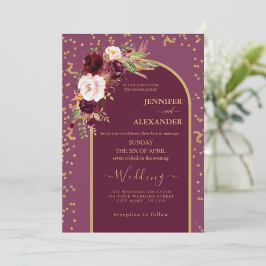 burgundy Red Blush | Goud lijst modern huwelijk Kaart (Staand voorkant)