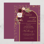 burgundy Red Blush | Goud lijst modern huwelijk Kaart (Voorkant / Achterkant)