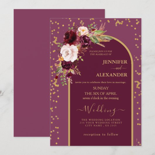 burgundy Red Blush | Goud lijst modern huwelijk Kaart (Voorkant / Achterkant)