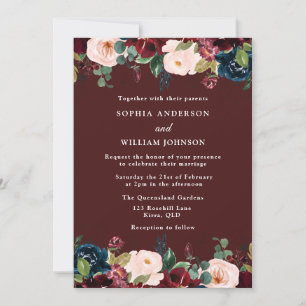 Burgundy Red, Blush & Navy Elegant Fall Wedding Kaart