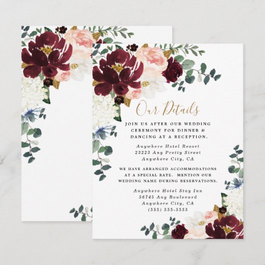 Burgundy Red Blush Pink and Gold Floral Wedding Informatiekaartje (Voorkant / Achterkant)