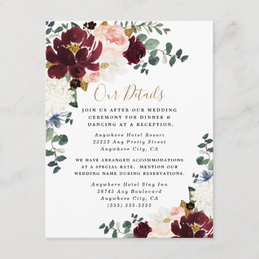 Burgundy Red Blush Pink and Gold Floral Wedding Informatiekaartje (Voorkant)