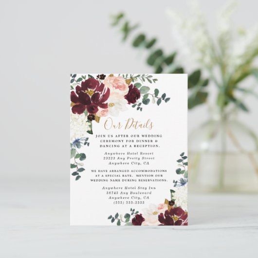 Burgundy Red Blush Pink and Gold Floral Wedding Informatiekaartje (Staand voorkant)