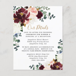 Burgundy Red Blush Pink and Gold Floral Wedding Informatiekaartje