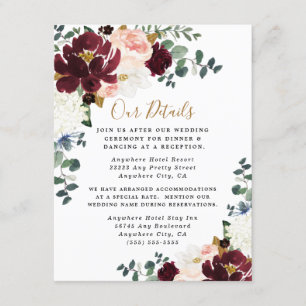 Burgundy Red Blush Pink and Gold Floral Wedding Informatiekaartje