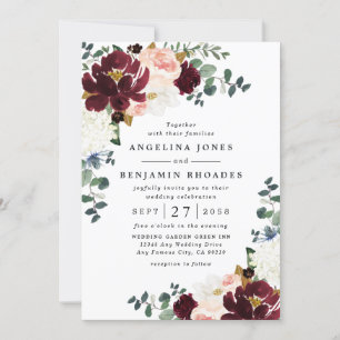 Burgundy Red Blush Pink and Gold Floral Wedding Kaart