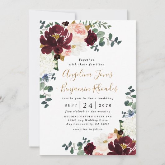 Burgundy Red Blush Pink and Gold Floral Wedding Kaart (Voorkant)