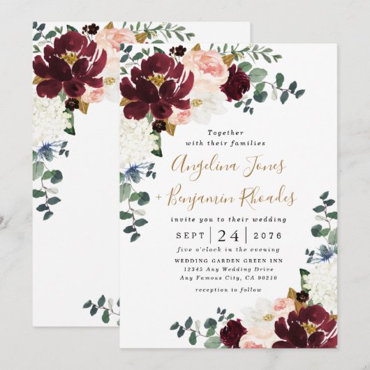 Burgundy Red Blush Pink and Gold Floral Wedding Kaart (Voorkant / Achterkant)