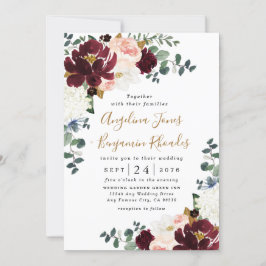 Burgundy Red Blush Pink and Gold Floral Wedding Kaart