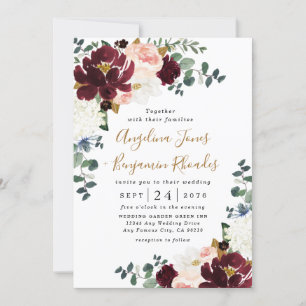 Burgundy Red Blush Pink and Gold Floral Wedding Kaart