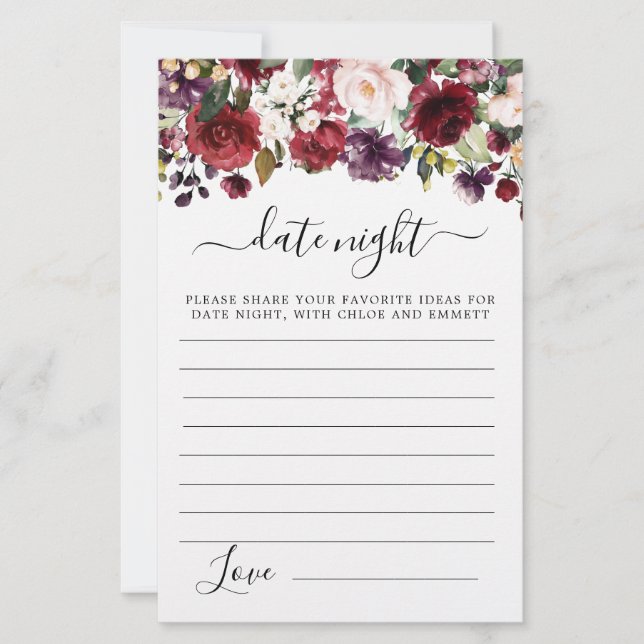 Burgundy Red Blush Pink Floral Date Night Kaart (Voorkant)