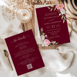Burgundy Red Blush Pink Floral Elegant Wedding Kaart
