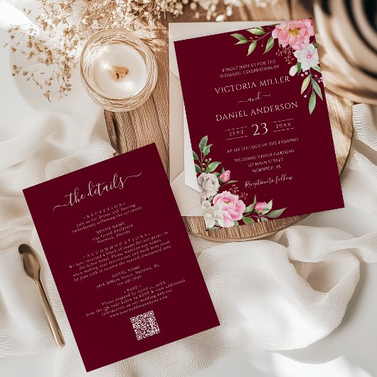 Burgundy Red Blush Pink Floral Elegant Wedding Kaart