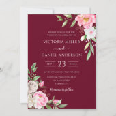 Burgundy Red Blush Pink Floral Elegant Wedding Kaart (Voorkant)
