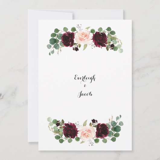 Burgundy Red Blush Pink Floral Eucalyptus Weddensc Kaart (Achterkant)