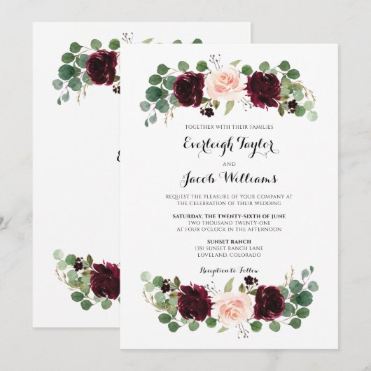 Burgundy Red Blush Pink Floral Eucalyptus Weddensc Kaart (Voorkant / Achterkant)