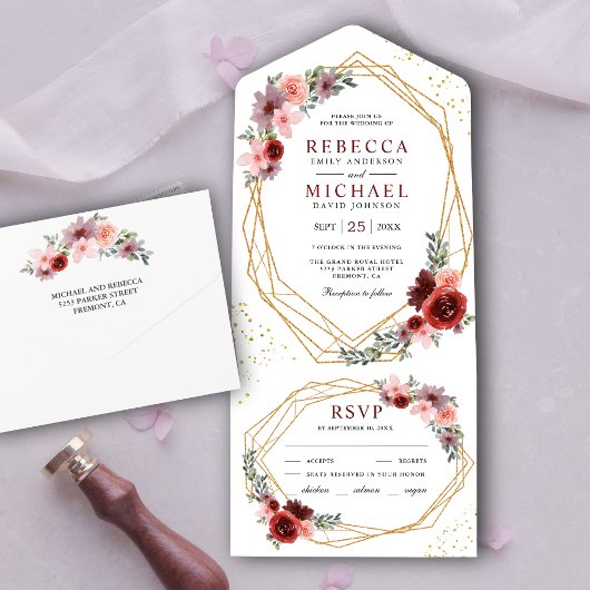 Burgundy Red Blush Pink Floral Geometric Weddensch All In One Uitnodiging