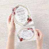 Burgundy Red Blush Pink Floral Geometric Weddensch All In One Uitnodiging (Afscheurbaar)