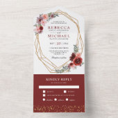 Burgundy Red Blush Pink Floral Gold Lijst Weddensc All In One Uitnodiging (Binnen)