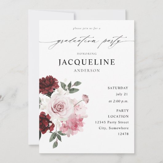 Burgundy Red & Blush Pink Floral Gradual Party Kaart (Voorkant)