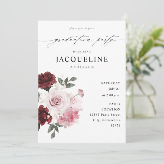 Burgundy Red & Blush Pink Floral Gradual Party Kaart (Staand voorkant)