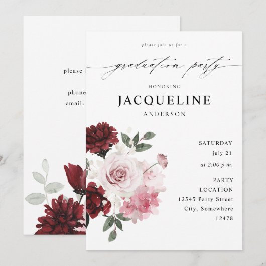 Burgundy Red & Blush Pink Floral Gradual Party Kaart (Voorkant / Achterkant)