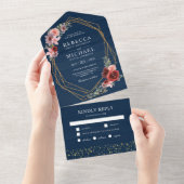 Burgundy Red Blush Pink Floral Navy Blue Wedding All In One Uitnodiging (Afscheurbaar)