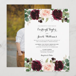 Burgundy Red Blush Pink Floral Photo Weddenschap Kaart
