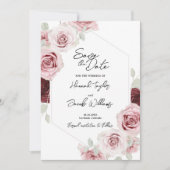 Burgundy Red Blush Pink Floral Photo Weddenschap Save The Date (Voorkant)