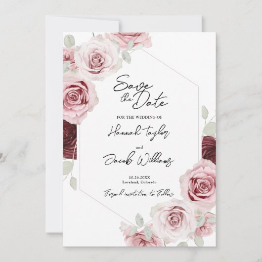 Burgundy Red Blush Pink Floral Photo Weddenschap Save The Date (Voorkant)