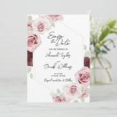 Burgundy Red Blush Pink Floral Photo Weddenschap Save The Date (Staand voorkant)