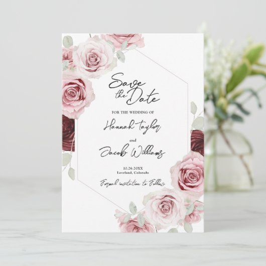 Burgundy Red Blush Pink Floral Photo Weddenschap Save The Date (Staand voorkant)