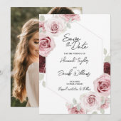 Burgundy Red Blush Pink Floral Photo Weddenschap Save The Date (Voorkant / Achterkant)