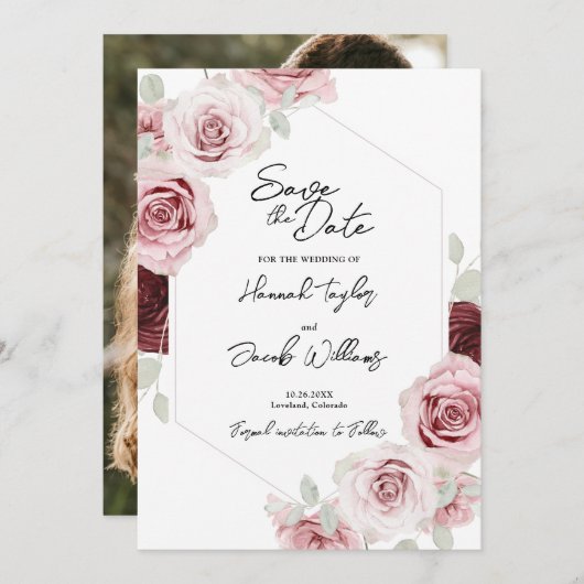Burgundy Red Blush Pink Floral Photo Weddenschap Save The Date (Voorkant / Achterkant)