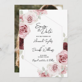 Burgundy Red Blush Pink Floral Photo Weddenschap Save The Date
