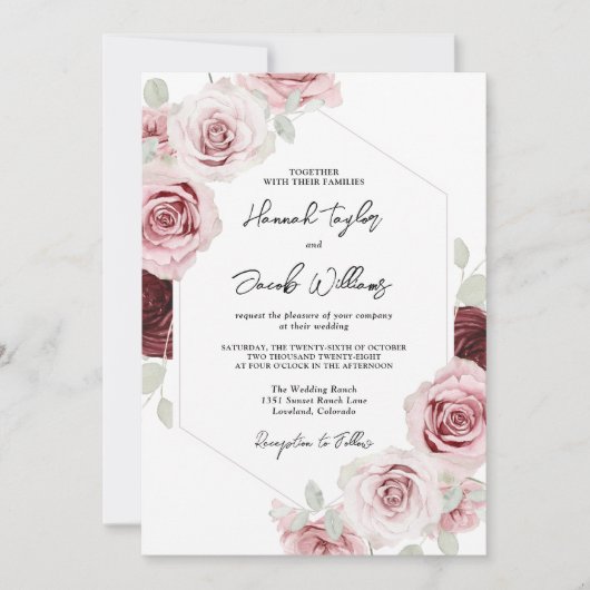 Burgundy Red Blush Pink Floral QR Code Weddenschap Kaart (Voorkant)