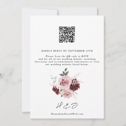 Burgundy Red Blush Pink Floral QR Code Weddenschap Kaart (Achterkant)