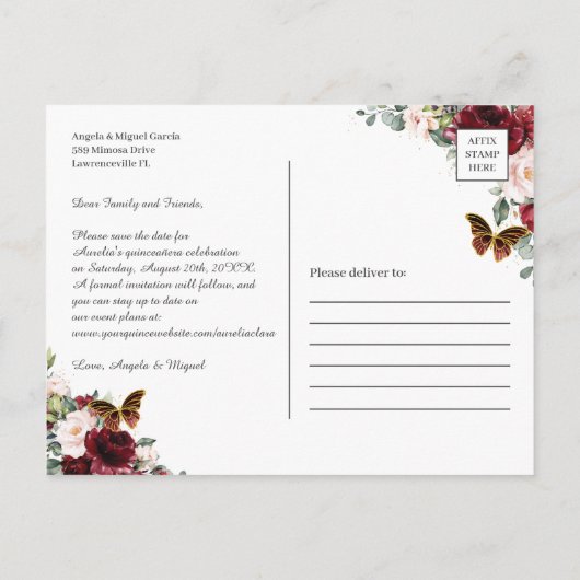 Burgundy Red Blush Pink Floral Quinceañera Foto S Aankondigingskaart (Achterkant)