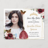 Burgundy Red Blush Pink Floral Quinceañera Foto S Aankondigingskaart (Voorkant)