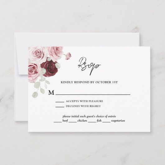 Burgundy Red Blush Pink Floral Wedding RSVP Kaartje (Voorkant)