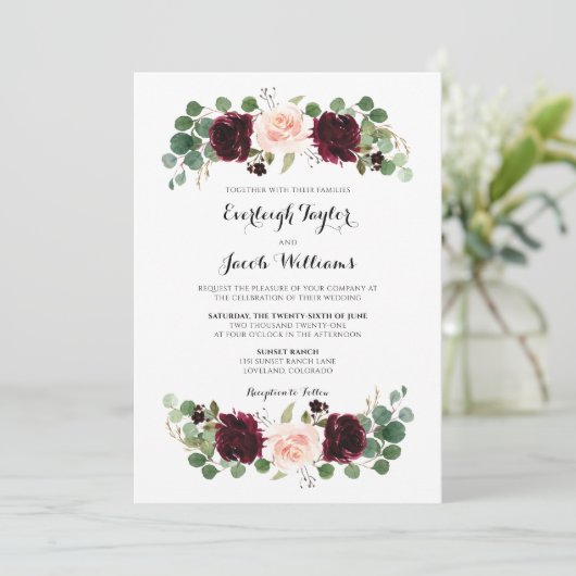 Burgundy Red Blush Pink Foto Floral Weddenschap Kaart (Staand voorkant)