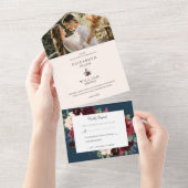 Burgundy Red Blush Pink Navy Blue Floral Wedding All In One Uitnodiging (Afscheurbaar)