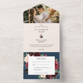 Burgundy Red Blush Pink Navy Blue Floral Wedding All In One Uitnodiging