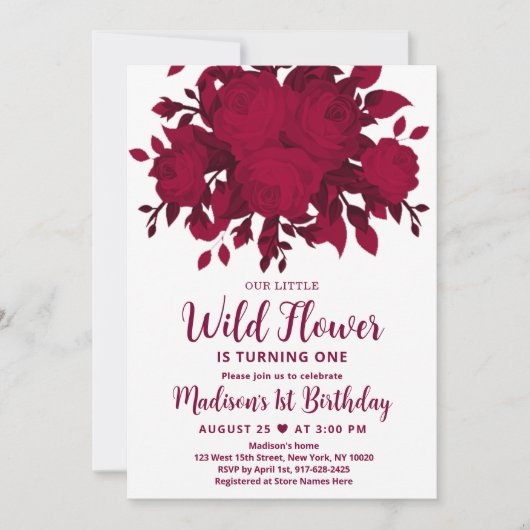 Burgundy Red Blush Wildflower Birthday Invitation Kaart (Voorkant)