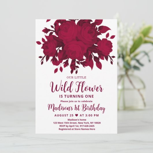 Burgundy Red Blush Wildflower Birthday Invitation Kaart (Staand voorkant)