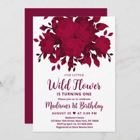 Burgundy Red Blush Wildflower Birthday Invitation Kaart (Voorkant / Achterkant)