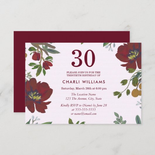 Burgundy Red Boho 30th Birthday Party Invite Kaart (Voorkant / Achterkant)