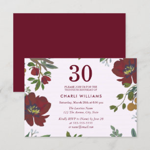 Burgundy Red Boho 30th Birthday Party Invite Kaart