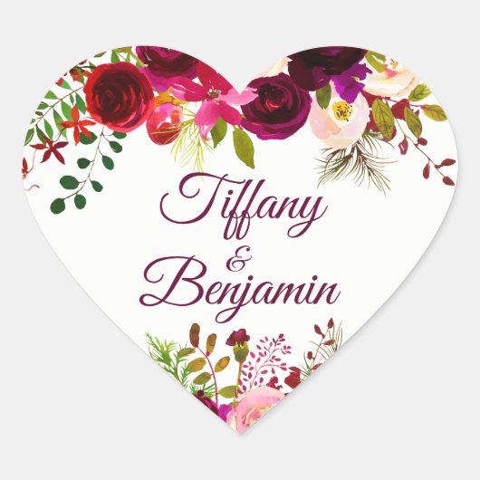 Burgundy Red Boho Floral Engagement Party Weddensc Hart Sticker (Voorkant)