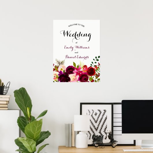 Burgundy Red Boho Floral Waterverf Wedding Poster (Thuiskantoor)